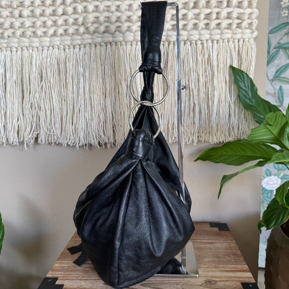 Lolli Black Genuine Leather Silver O Ring Squishy Dumpling Large Hobo Sling Bag - Picture 4 of 12